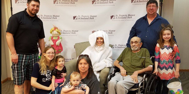 Pictured L-R: Andy Versendaal, Kayla Moyer, Lydia, Cyrus and Lori Versendaal, Easter Bunny, Richard Bortell, Andre and Adriana Versendaal.